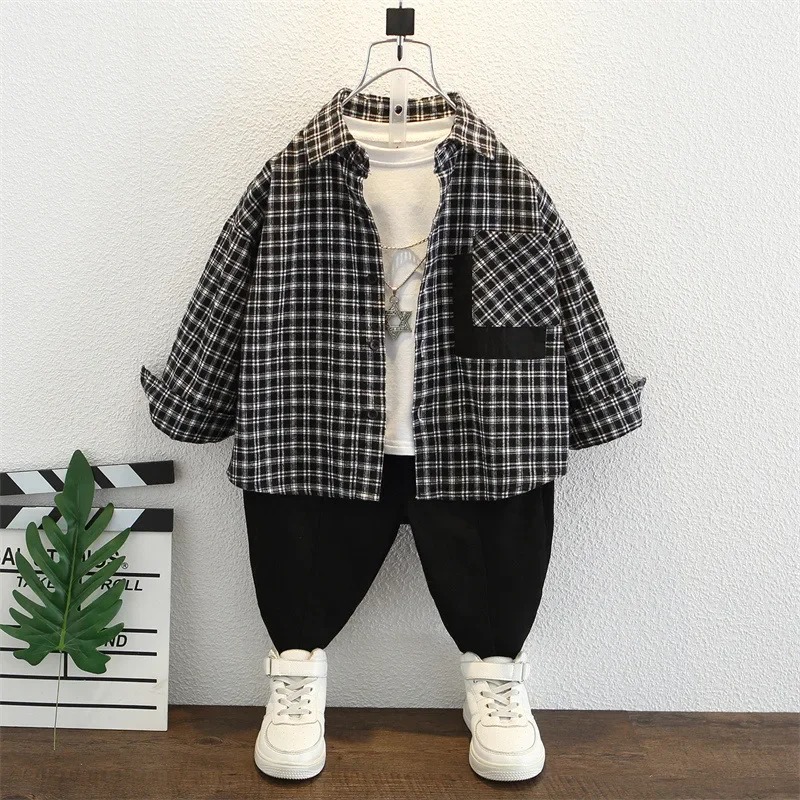 Trendy Plaid Shirt for Boys Baby Spring Autumn Wear Casual Top Children's Clothing Checkered Shirt Baby Boys Fashionable Top