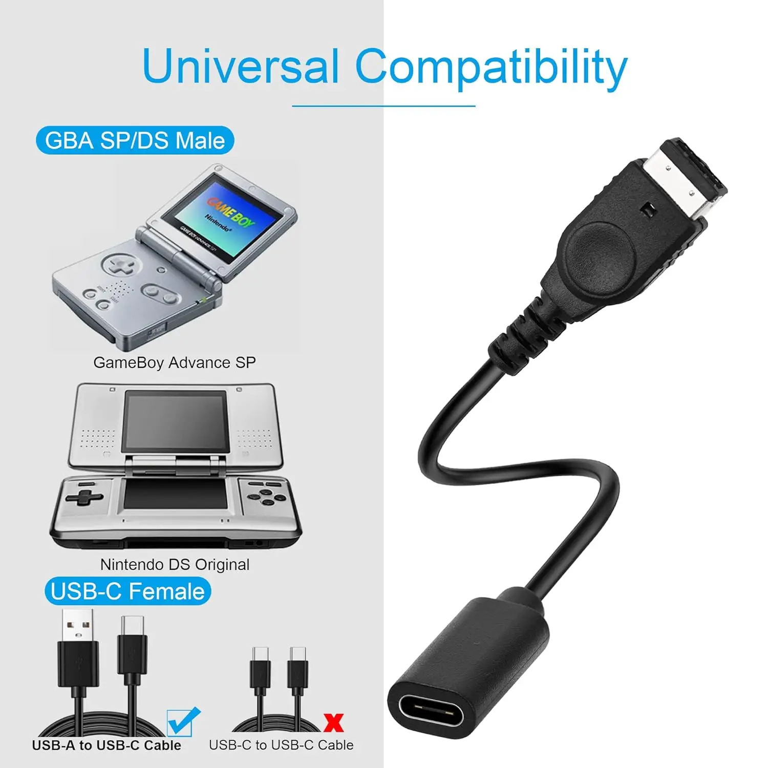 게임보이 어드밴스 SP 충전기용 USB-C, 닌텐도 DS 및 게임보이 어드밴스..