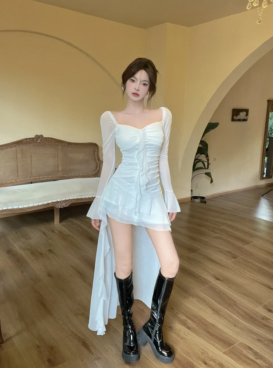 Vestido de fiesta de noche irregular Y2K de malla de manga larga con cuello cuadrado y volantes, corte en A, sexy, moda coreana