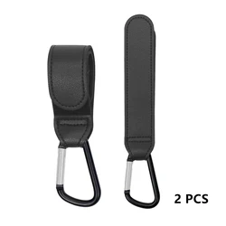 Premium PU Leather Stroller Hooks - 360° Rotatable Cart Organizers (Black PU - 2PCS)