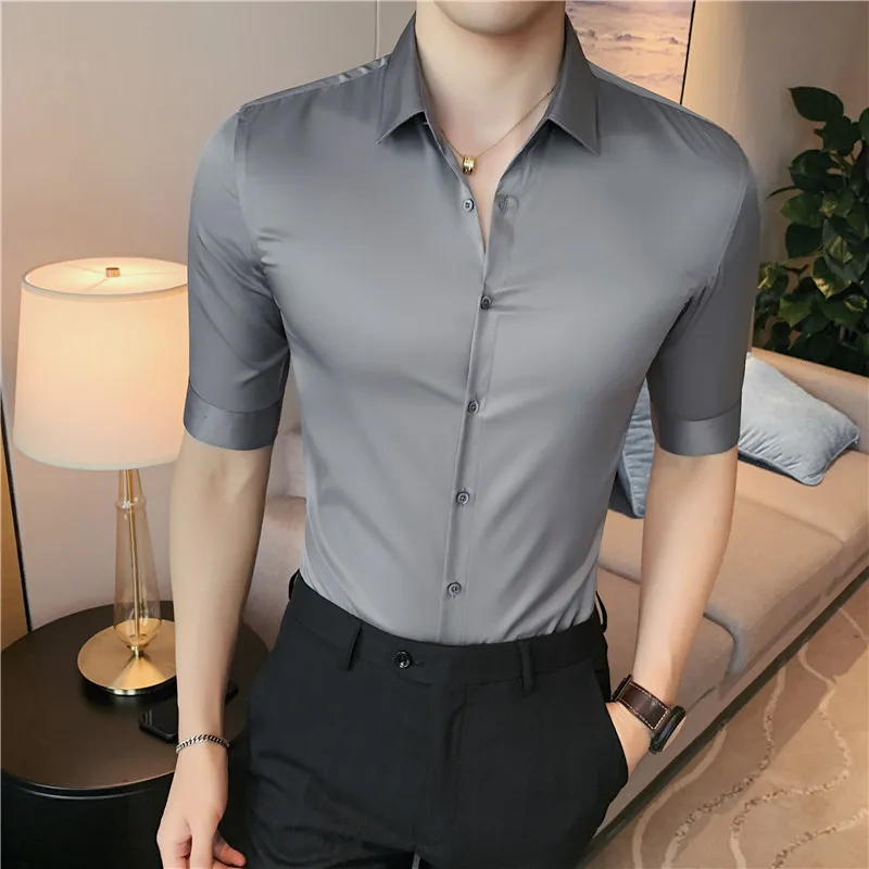 

Summer New No Ironing Half Sleeve Dress Shirts For Men Clothing 2023 Business Casual Slim Fit Prom Tuxedo Blouse Homme 4XL-M Hot