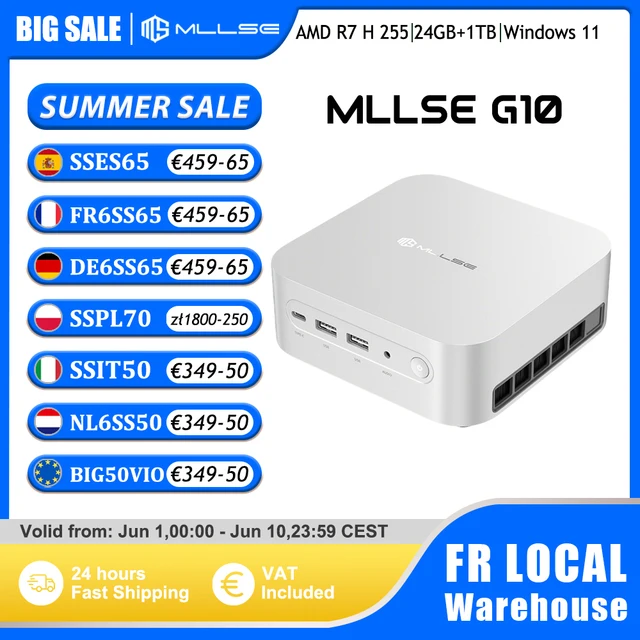 Mini PC Mllse G10, Nouveau AMD Ryzen 7 H 255, 24 Go de RAM DDR5, 1 To de SSD, Wi-Fi 6, BT5.2, USB4.0, Windows 11 Pro, Ordinateur de Bureau Mini pour Jeux 1