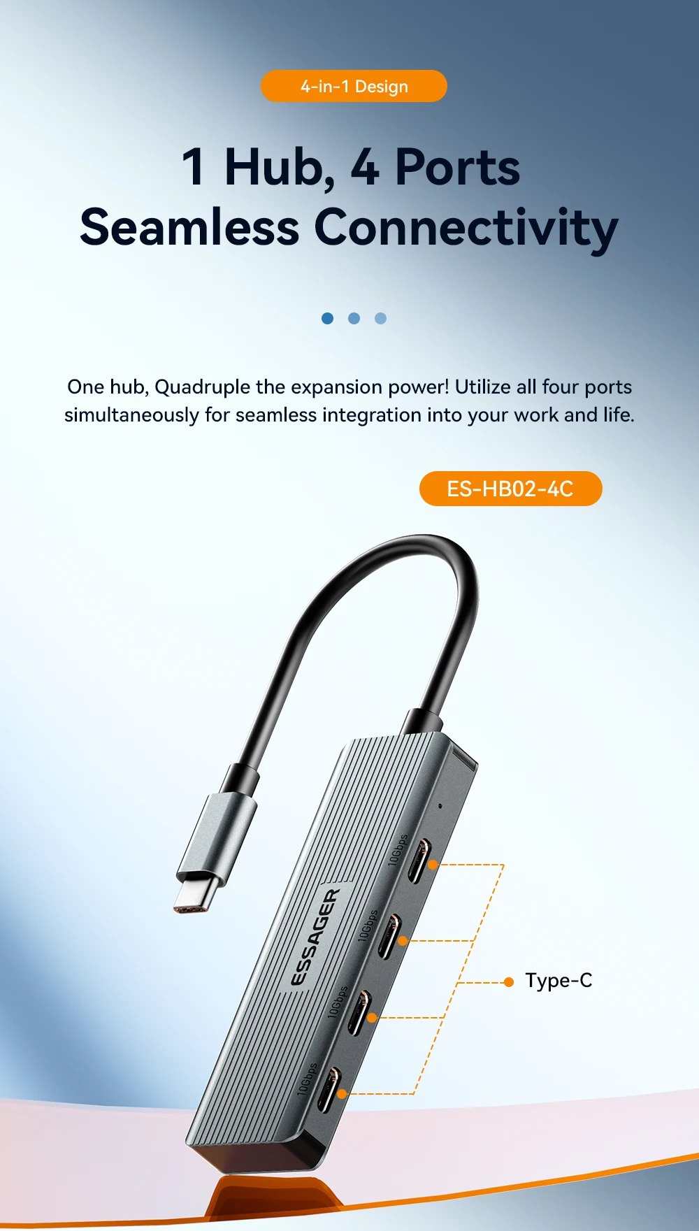 USB Hub Adapter 4 in 1 USB Type C to USB3.2 Gen2 Hub Splitter Adapter for MacBoo
