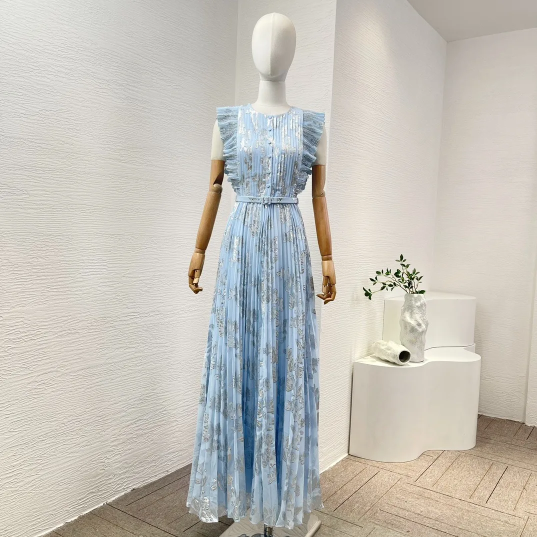 

Blue Flouncing Ruffle Sleeveless Ruched Maxi Dress 2024 Top Quality Spring Summer Clothing