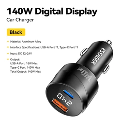 Essager 140W USB - C Fast Car Charger with PD 3.1 and Quick Charge 4.0 Technology - 140W Black