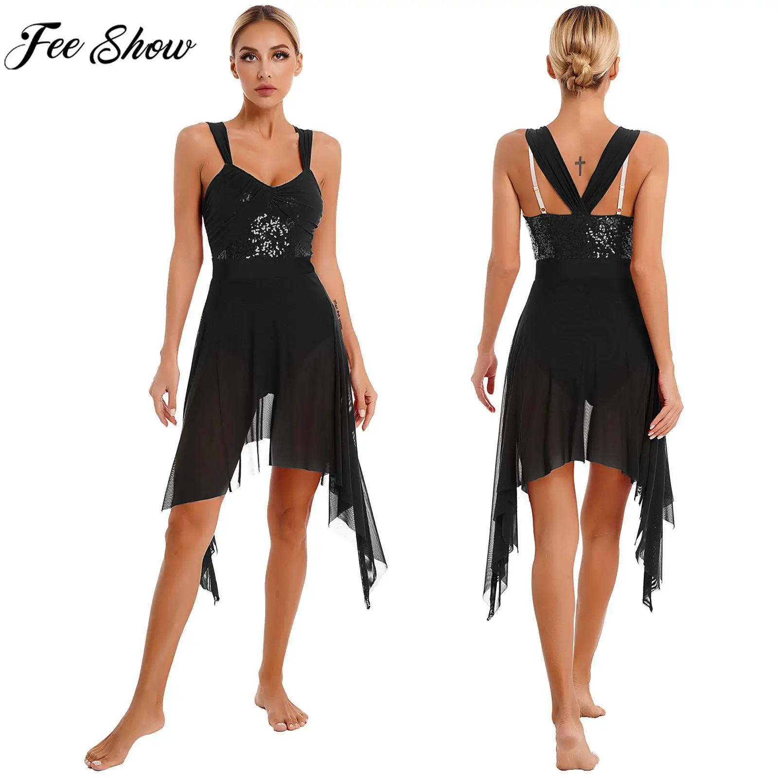 

Women Lyrical Dance Ballet Skating Gymnastics Leotard Dress Shiny Sequin Mesh Irregular Hem Dancewear Stage Performance Costume