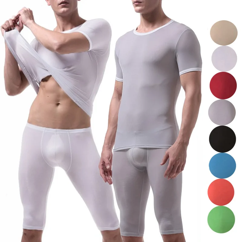 

Комплект сексуальной мужской одежды из вискозы, тонкое нижнее белье, футболки с коротким рукавом, топы, прозрачный выпуклый мешочек, боксеры с длинными штанинами, мужской комплект нижнего белья