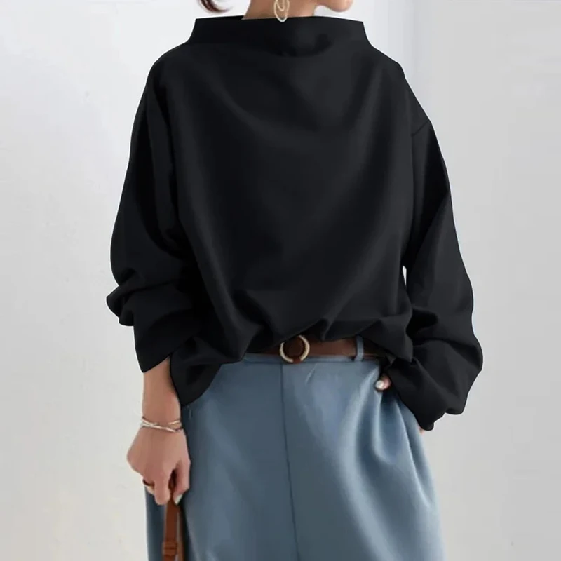 Autumn Simple Women's Long Sleeved Commuting Top New 2024 Streetwear Loose Blouses Casual Half High Collar Solid Color Pullover 3