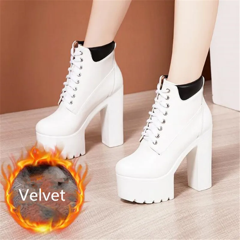 Women's Motorcycle Boots Genuine Leather Winter Ladies Plush Snow Boots Women Lace Ankle Boots Fashion Platform High Heel Shoes