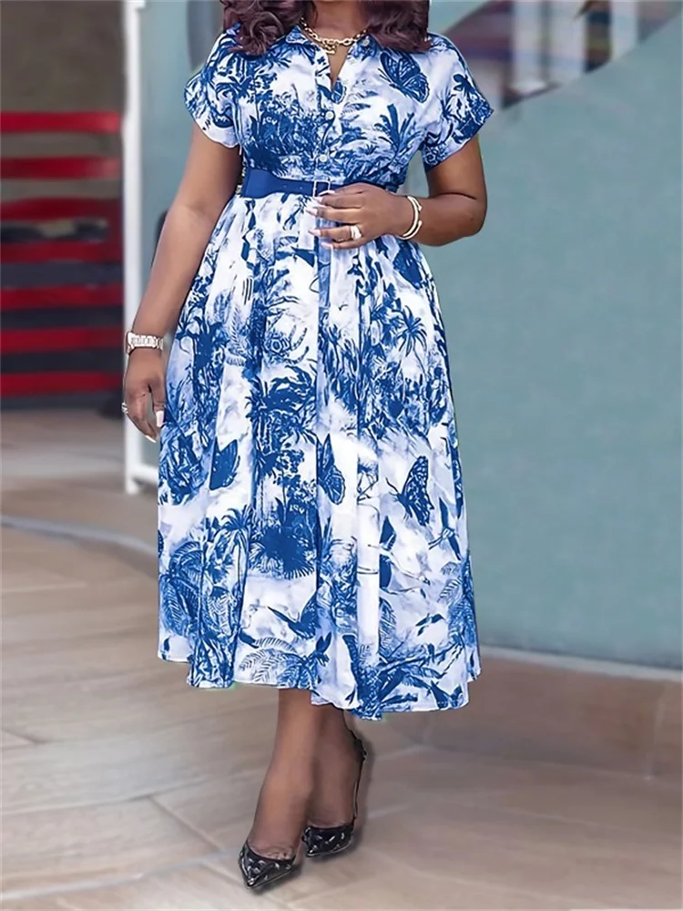 Wmstar Plus Size Dresses for Women New in Summer Elegant Vintage Short Sleeve Print Maxi Dress Wholesale Dropshipping with Belt