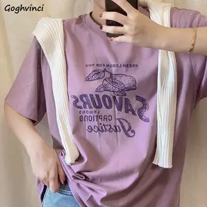 T-shirts Women Korean Style Apricot Purple Students Energetic Loose Trendy Casual Graphic Printed Youth Top Streetwear Harajuku