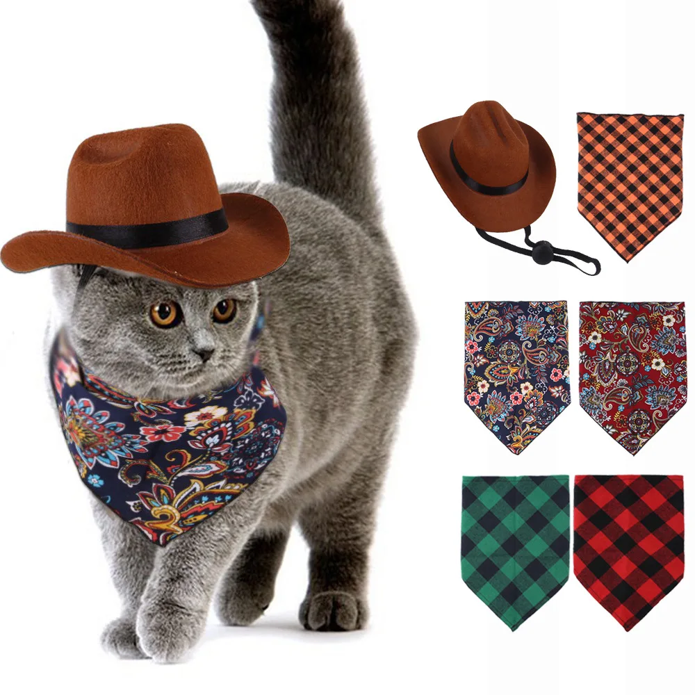 

Pet Cowboy Costume Hat and Bandana Dog Cat West Cowboy Hats Cat Funny Headwear Outdoor Adjustable Dog Caps for Pets, 2 Size