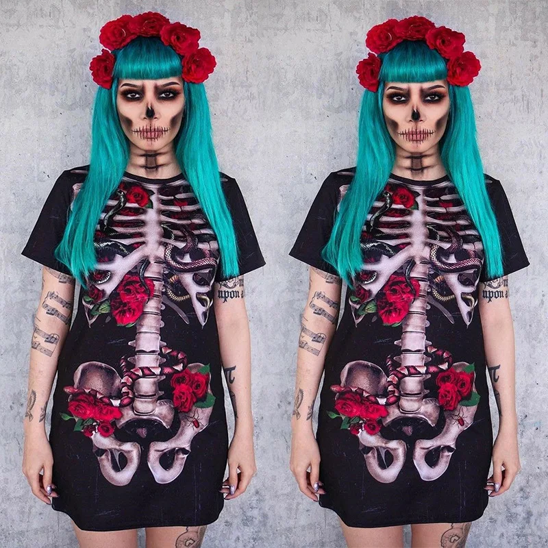Halloween Women's Gothic Skull Bones Cosplay Party Costume Skeleton Printed Short Sleeve Mini Dress Horrible Streetwear