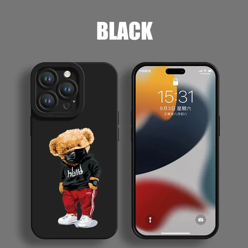 Highend Black Cartoon Bear Phone Case For iPhone 15 14 13 12 11 Pro Max X XS Max XR Mini 8 7 14 15Plus Matte Soft Silicone Cover