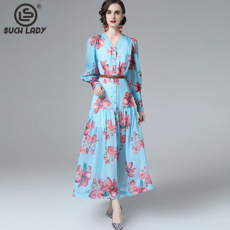 

Women's Runway Dress V Neck 3/4 Sleeves Printed Ruffles Single Breasted High Street Designer Dresses