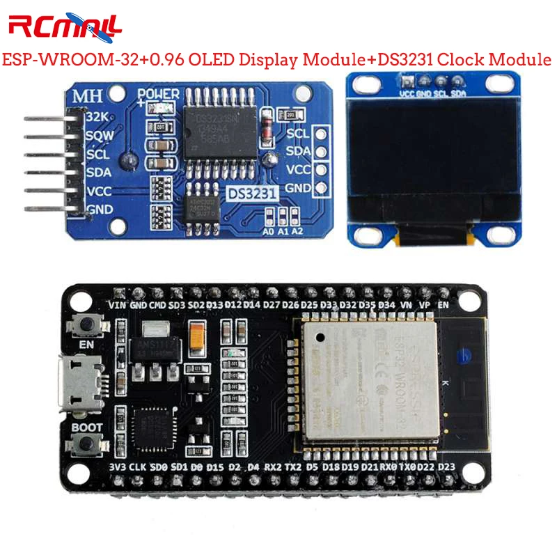 ESP-WROOM-32 module ESP32S development board with 0.96 Inch Yellow and Blue I2C IIC Serial  OLED Module and DS3231 Clock Module rcmall esp32s 4 channel wifi bt relay module with esp32 wroom 32u antenna cp2102 serial module for arduino iot smart home