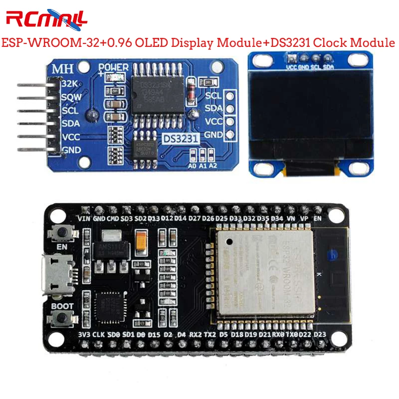 1pcs ds3231 at24c32 high precision clock module iic module storage module ESP-WROOM-32 module ESP32S development board with 0.96 Inch Yellow and Blue I2C IIC Serial  OLED Module and DS3231 Clock Module