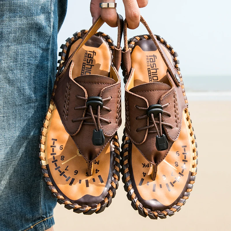 Genuine Leather Sandals Men Cow Leather Half Drag Quick Dry Beach Flip Flops Summer Outdoor Footwear Male Dual-Purpose Slippers