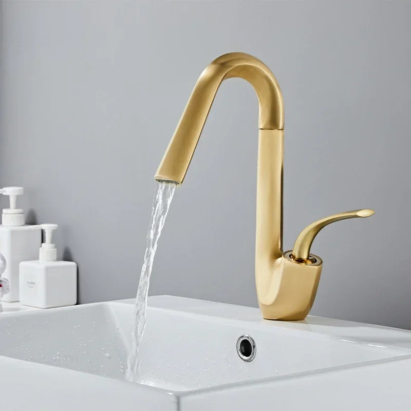 

Copper Light Luxury Brushed Gold Basin Faucet Bathroom Bathroom Cabinet Sink Single Hole Hot and Cold Faucet
