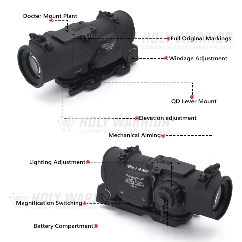Rifle scope red dot sight Holy Warrior DR 1-4x fixed dual field of view red illumination scope with full markings for airsoft hunting
