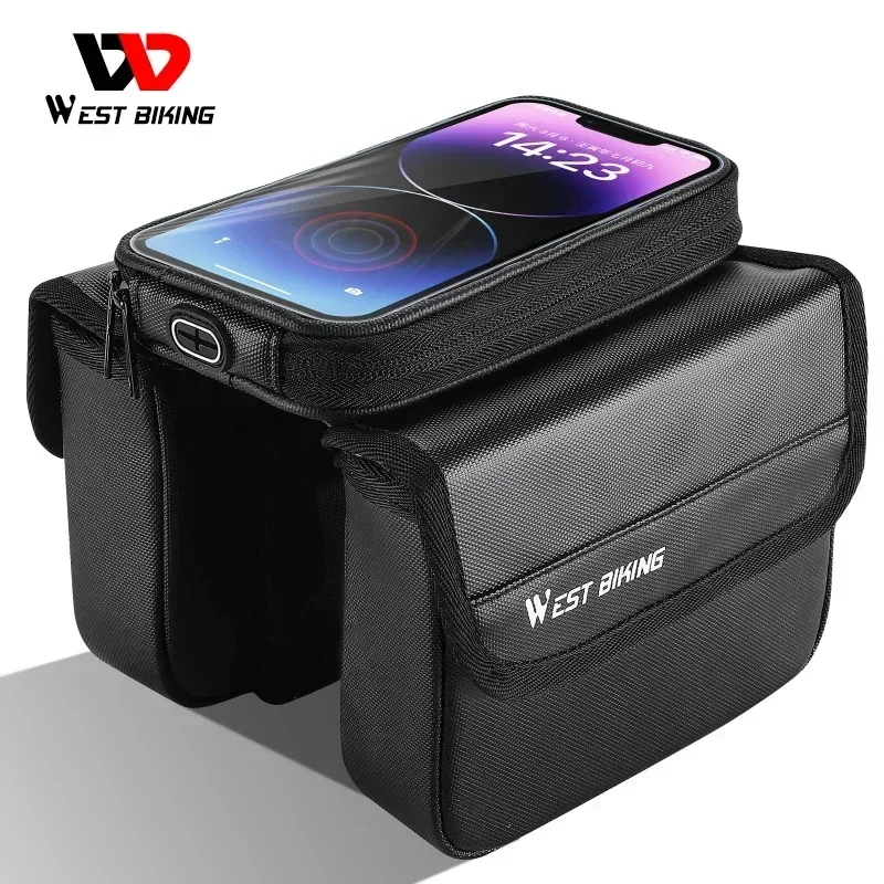 

WEST BIKING Waterproof Bicycle Front Frame Bag Double Pouch & 7.2 Inch Phone Touch Screen Bag Cycling Travel MTB Top Tube Bag