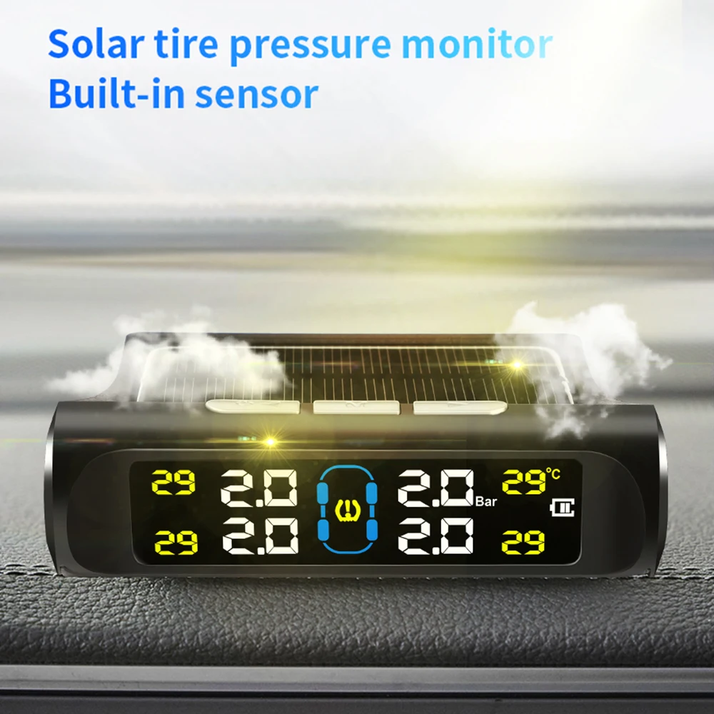Smart Car TPMS Tire Pressure Alarm Monitor System with 4 Sensors Display Solar Power Tyre Pressure Temperature Warning System