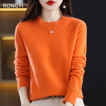 RONGYI 100% Pure Wool Half-neck Pullover Autumn /Winter Cashmere Sweater Woman Casual Knitted Tops Female Jacket Korean Fashion
