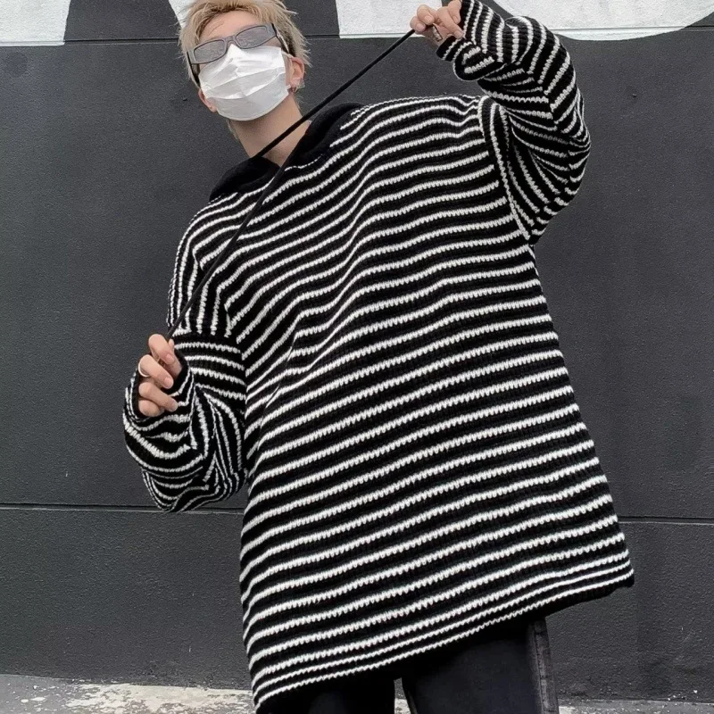 남성용 스트라이프 후드 스웨터, 홍콩 스타일, 인스타 트렌디 루즈핏 니트 탑, 캐주얼 패션, 가을, 겨울, 신상