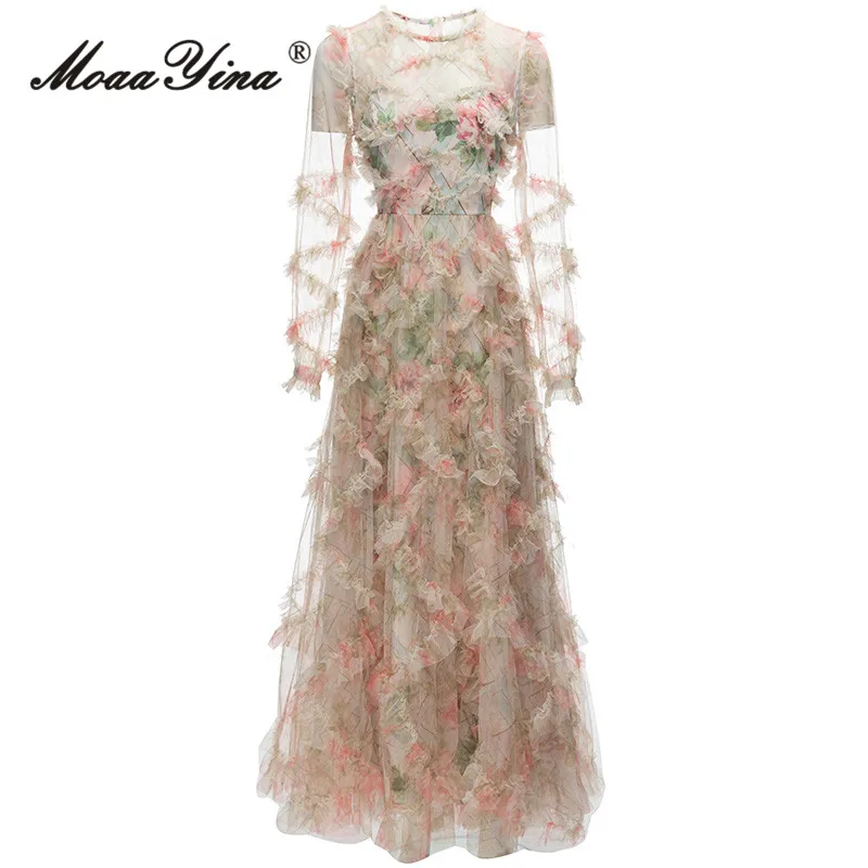 

Женское Сетчатое платье MoaaYina, подиумное винтажное платье с цветочным принтом и О-образным вырезом, с длинными рукавами и оборками, с высокой талией, тонкое Длинное Платье Макси