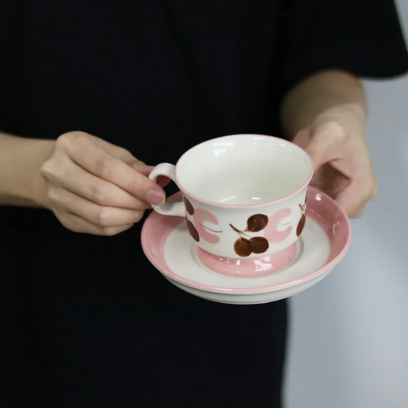 

Pink Coral Coffee Cup, Hand-painted Middle Ancient Ceramic Flower, Afternoon Tea Cup and Plate Set, Friend Gift, Hand Gift