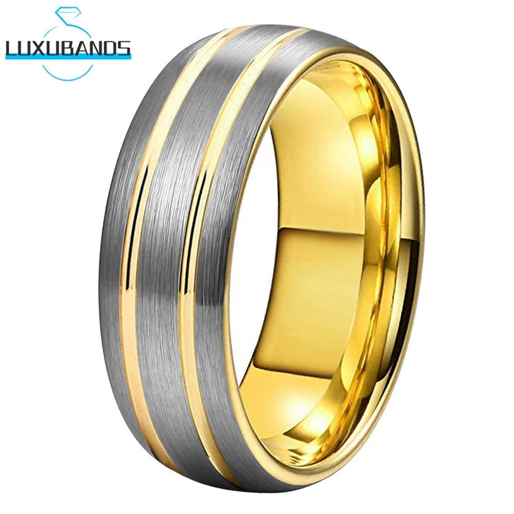 

Gold Tungsten Carbide Wedding Ring Two Grooved For Women Men Domed 8mm Brushed Finish Fashion Comfort Fit