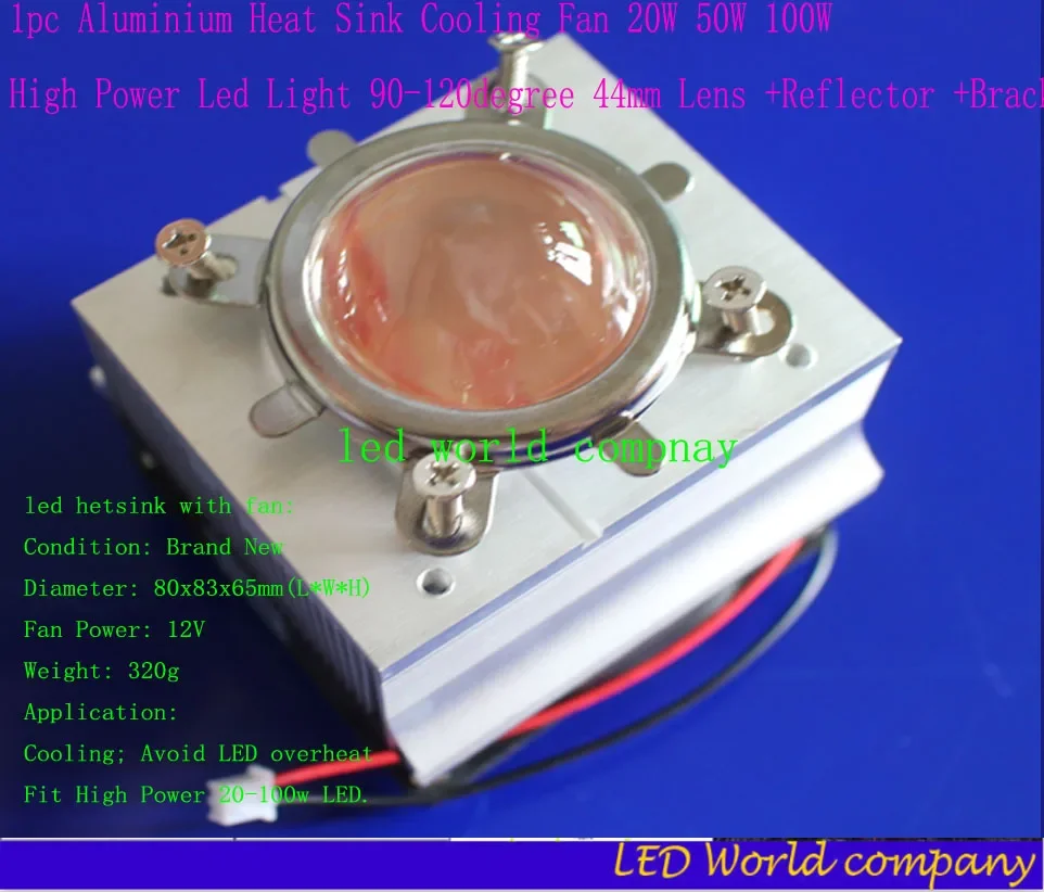 Aluminium Heat Sink Cooling Fan 20W 50W 100W High Power Led Light 90-120degree 44mm Lens +Reflector +Bracket