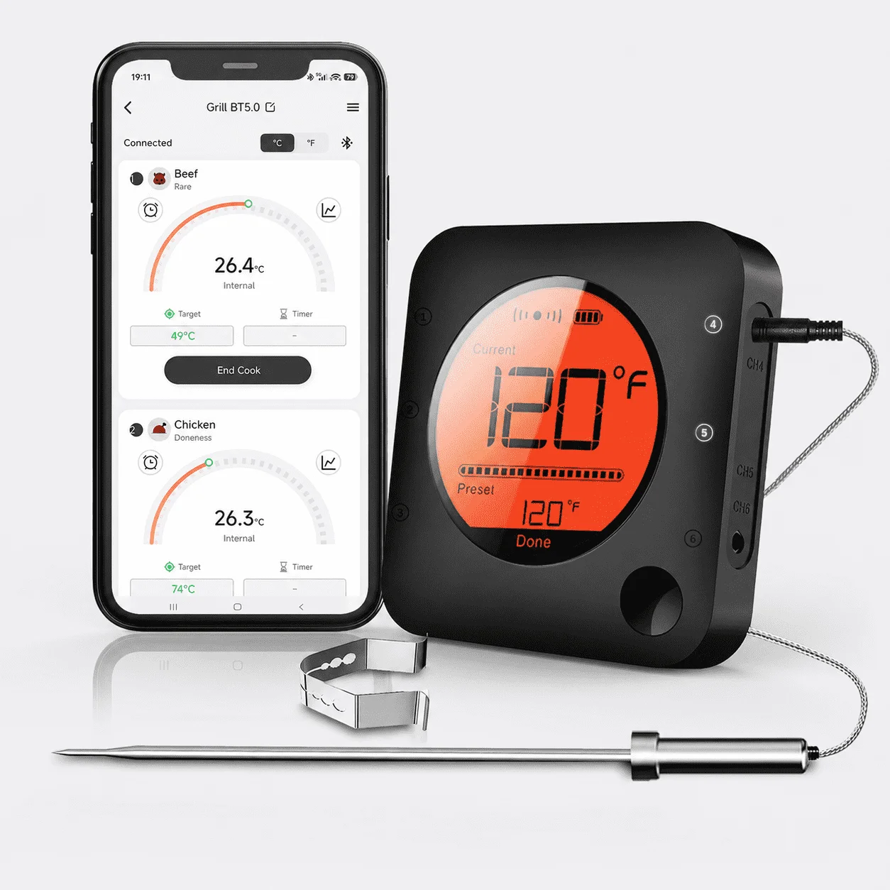 Advanced Wireless Bluetooth Digital Meat Thermometer with 6-Probe Support