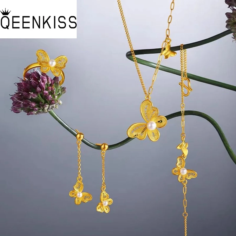 

QEENKISS 24KT Gold Butterfly Jewelry Set For Women Earrings+Ring+Bracelet+Necklace Jewelry Wedding Party Birthday Gifts JS565