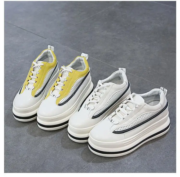 7cm Leather Hollow Platform Wedge Sneakers - true deals club