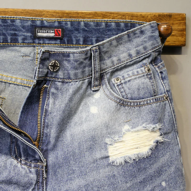 Summer Ripped Hole Shorts Men's Korean Straight Micro Elastic Patch Beggar Short Pants High-end Designer Handsome Jeans