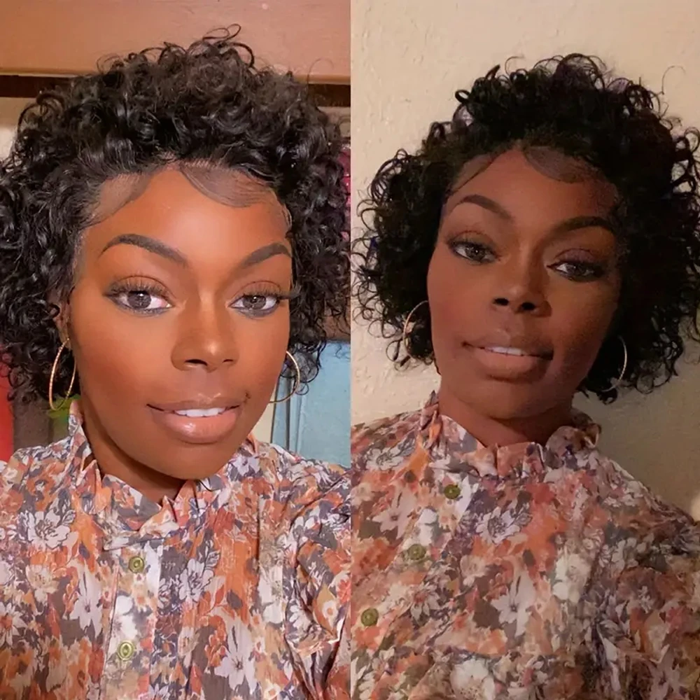Pixie Cut Wig Curly Wave Wig 13x1 Transparent Lace Front Human Hair Wigs Short for Women 150% Density 6Inch