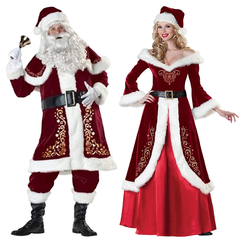 

Adult Christmas Cosplay Santa Claus Red Christmas Uniform Beard Suit Women Men Festival Carnival Party Luxury Suit Couples Dress