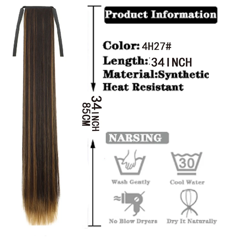 H&STAR 85CM Long Synthetic Straight Clip In  Ponytail Black False Hair  Hairpiece With Hairpins Hair Extensions For Womens
