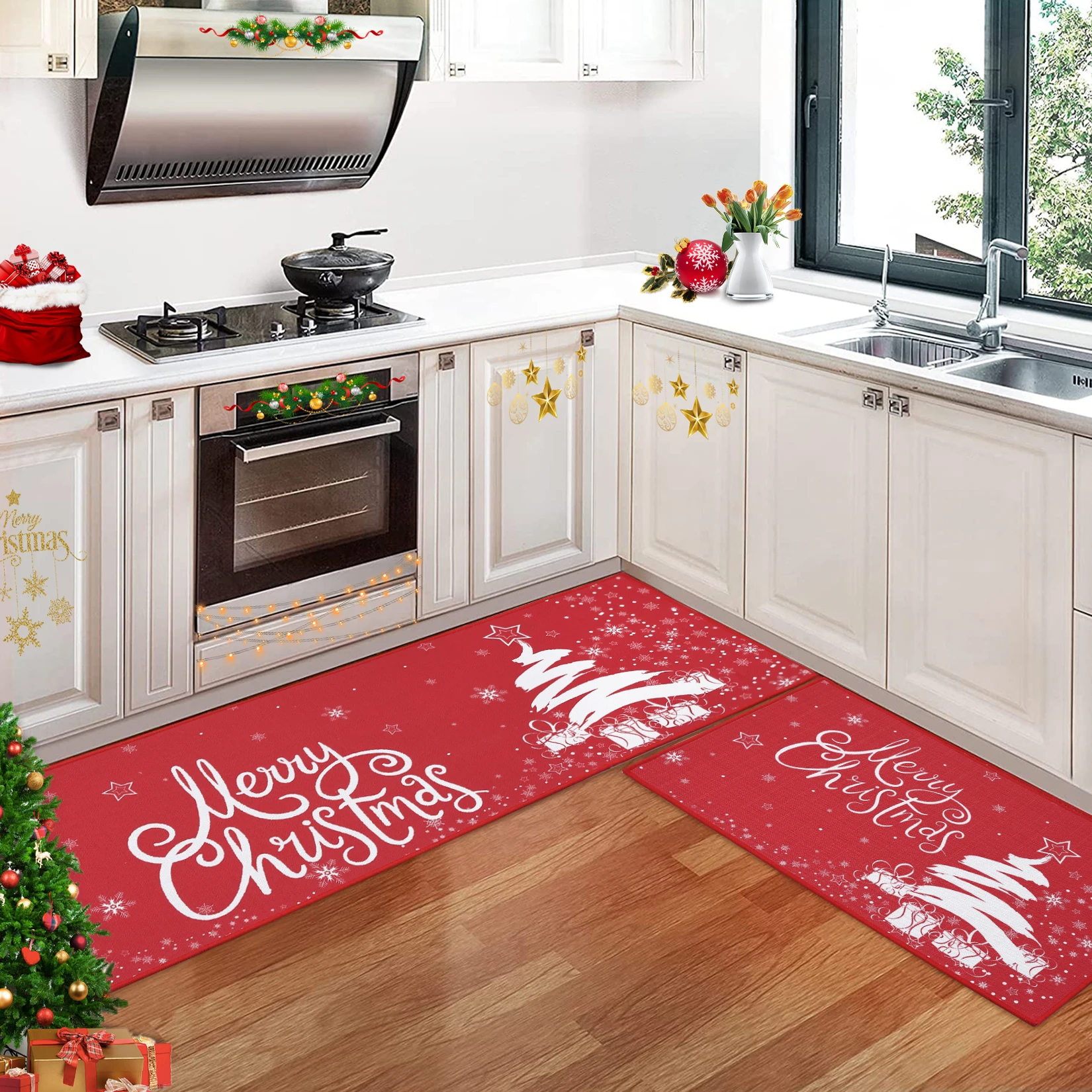 2er-Set dekorative Weihnachtsküchenteppiche mit Schneeflocke, rutschfeste, waschbare Küchenmatte für die Weihnachtsdekoration im Winter zu Hause – Detail 27