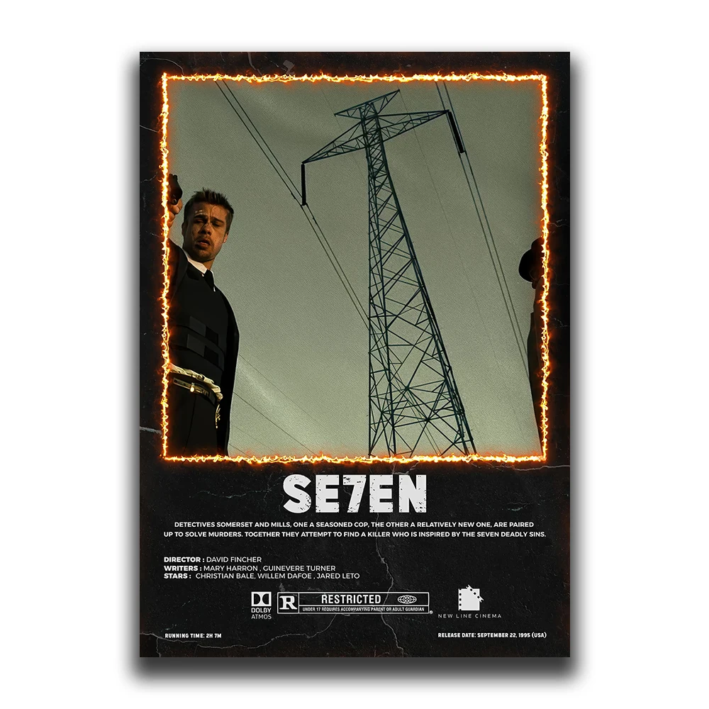 Vintage Black Cinema Art: Se7en Film Canvas Wall Mural