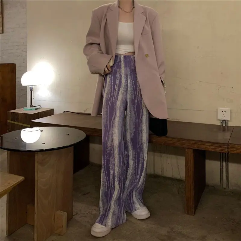 Chic New Dyed Wide Legged Women's 2024 Summer Splicing Fashion Folding Style Casual High Waist Loose Slim Straight Leg Pants