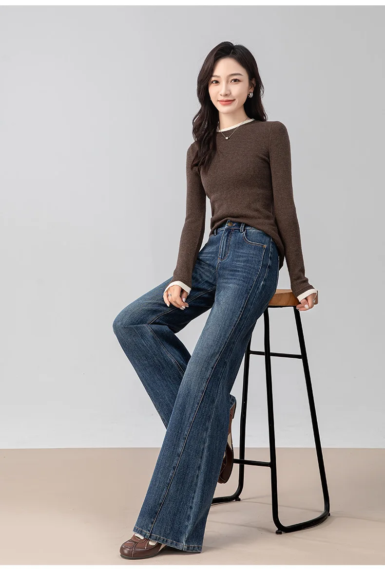 2025 frauen Herbst/Winter Neue Boutique Hohe Taille Gerade Bein Jeans Design Sinn Spleißen Schlank Micro Horn Lose drop Casual – Detail 4