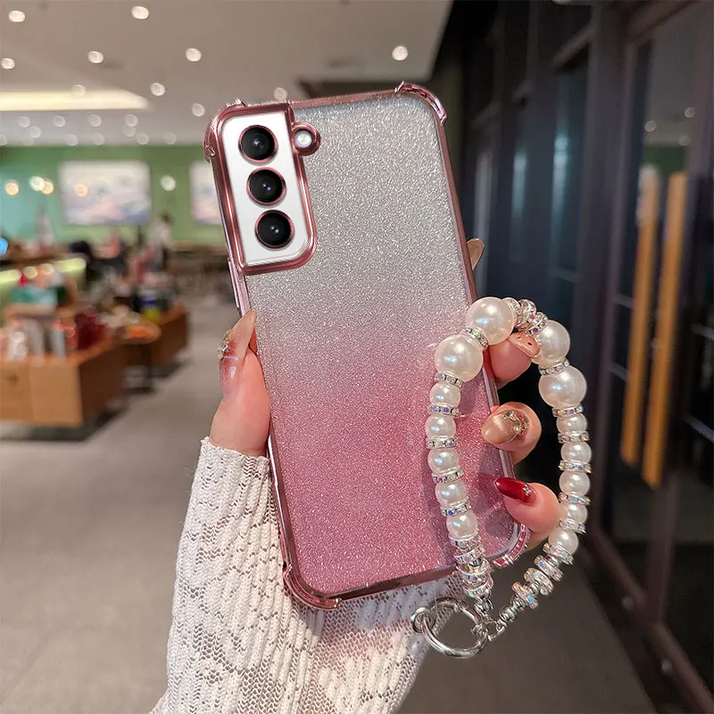Gradient Glitter Shockproof TPU Phone Case with Luxury Pearl Chain Wrist Strap