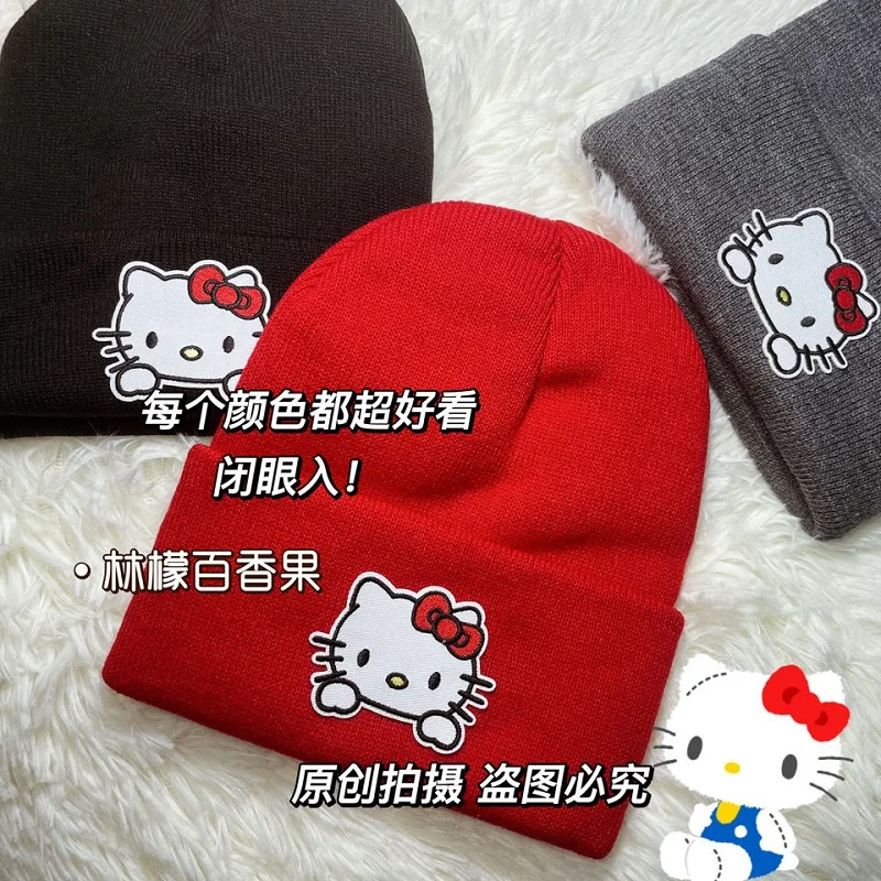

Red Hello Kitty Knitted Hat Cute Sweet Beauty Windproof Warm Hat Raw Autumn and Winter Warm Three-Dimensional Hat Winter Hat
