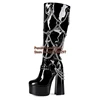 Black Patent Leather Round Toe Chunky Heels Knee High Ridding Boots Punk Style Metal Chain Knee High Boots