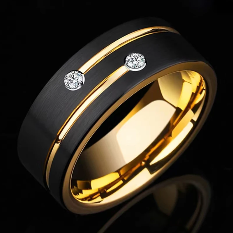 Luxury Mens 8mm Black Stainless Steel Gold Color Ring Crystal Wedding