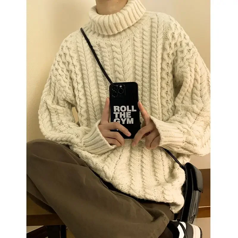 Thick Thread Fried Dough Twists Couple Sweater High Collar Heavy Weight Coat Lazy Style High Grade Warm Knit Shirt Top Clothes