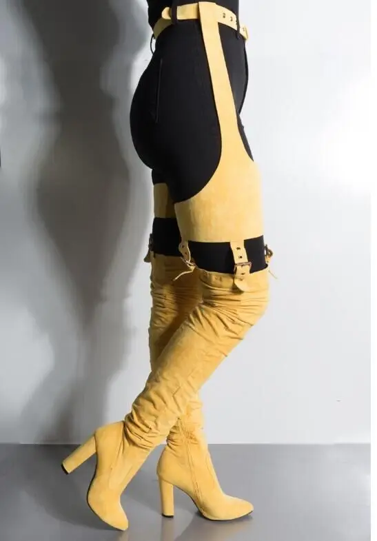 

Summer 2022 Solid Color Suede Pointed Toe Chunky Heel Belt Sexy Fashion Catwalk High Boots Winter Boots