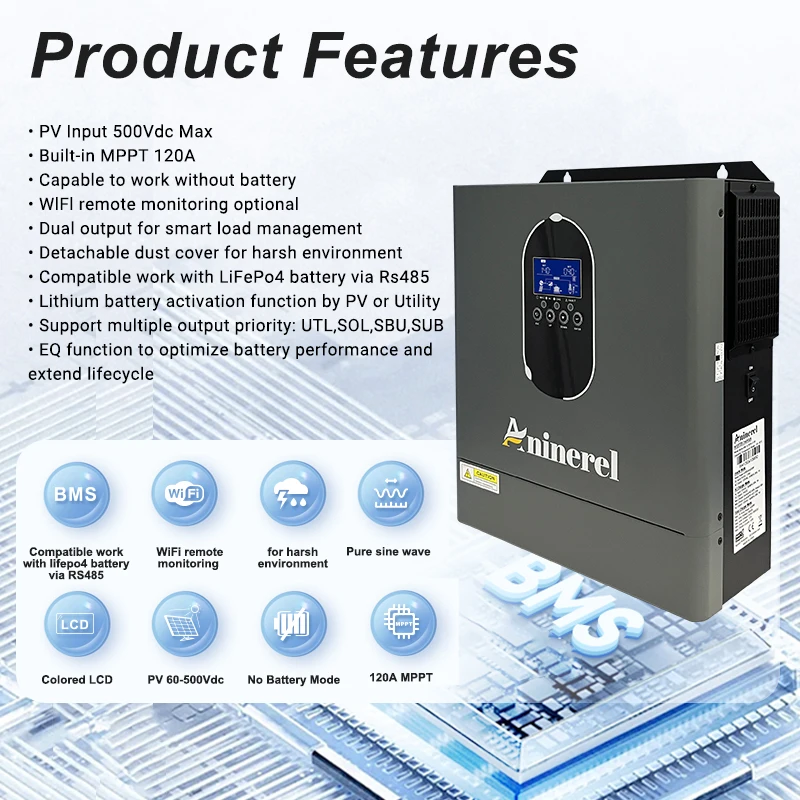 Aninerel 4.2KW 24V 신형 110-120V 하이브리드 태양광 인버터 가정용 순수 정현파 인버터 내장형 120A MPPT 충전 컨트롤러